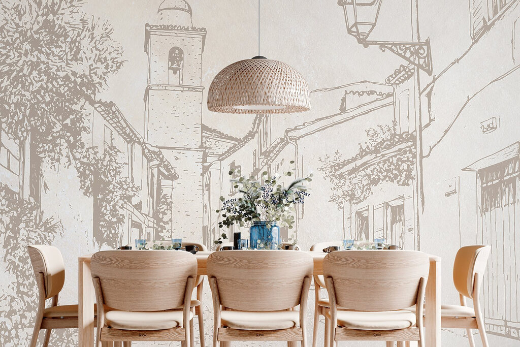 Drawing of a street with a bell tower