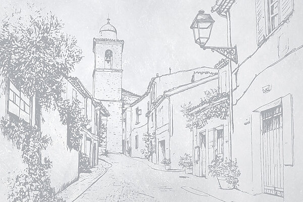 Drawing of a street with a bell tower Drawing of a street with a bell tower