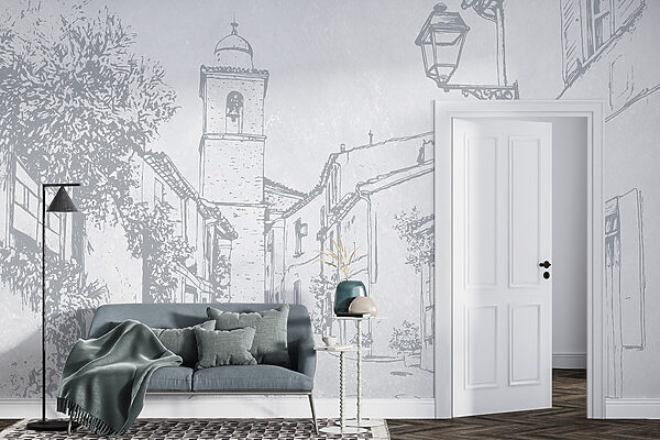 Drawing of a street with a bell tower Drawing of a street with a bell tower