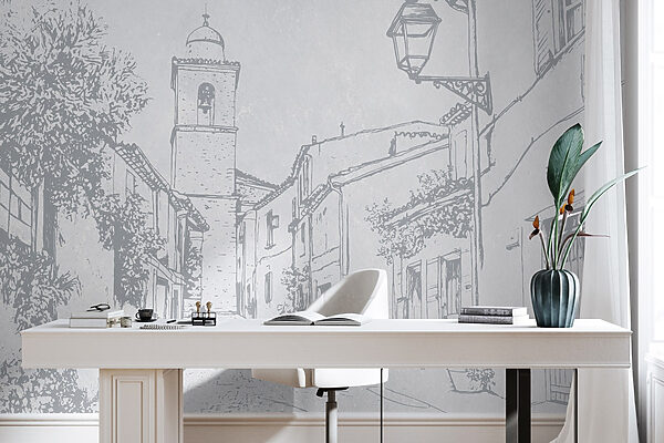 Drawing of a street with a bell tower Drawing of a street with a bell tower