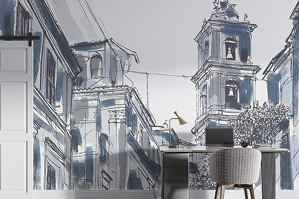 Drawing of a building with bells Drawing of a building with bells