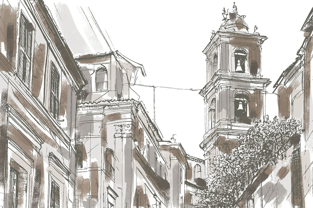 Drawing of a building with bells Drawing of a building with bells