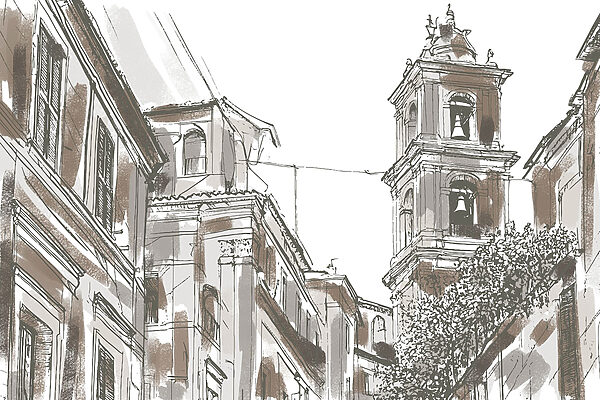 Drawing of a building with bells Drawing of a building with bells