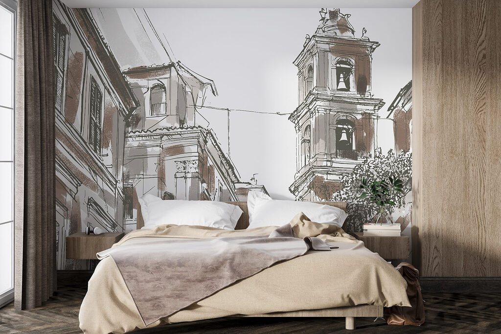 Drawing of a building with bells