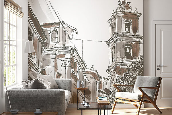 Drawing of a building with bells Drawing of a building with bells