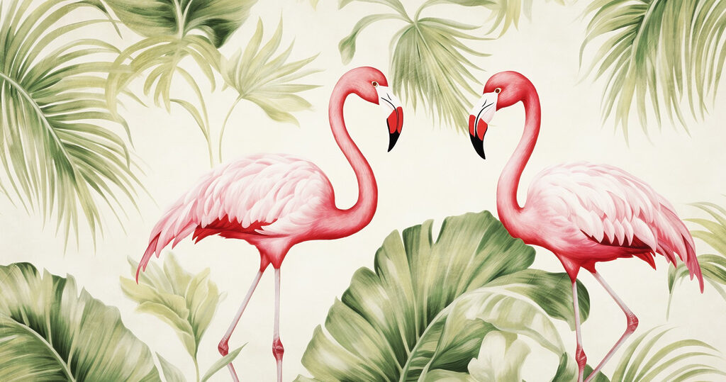 Couple of pink flamingos with green leaves Couple of pink flamingos with green leaves