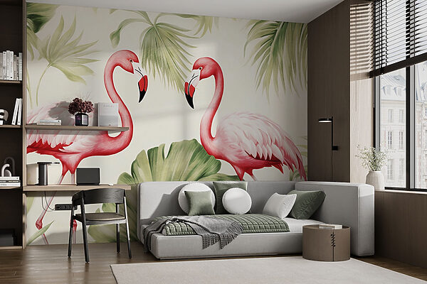 Couple of pink flamingos with green leaves Couple of pink flamingos with green leaves