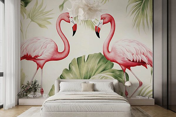 Couple of pink flamingos with green leaves Couple of pink flamingos with green leaves