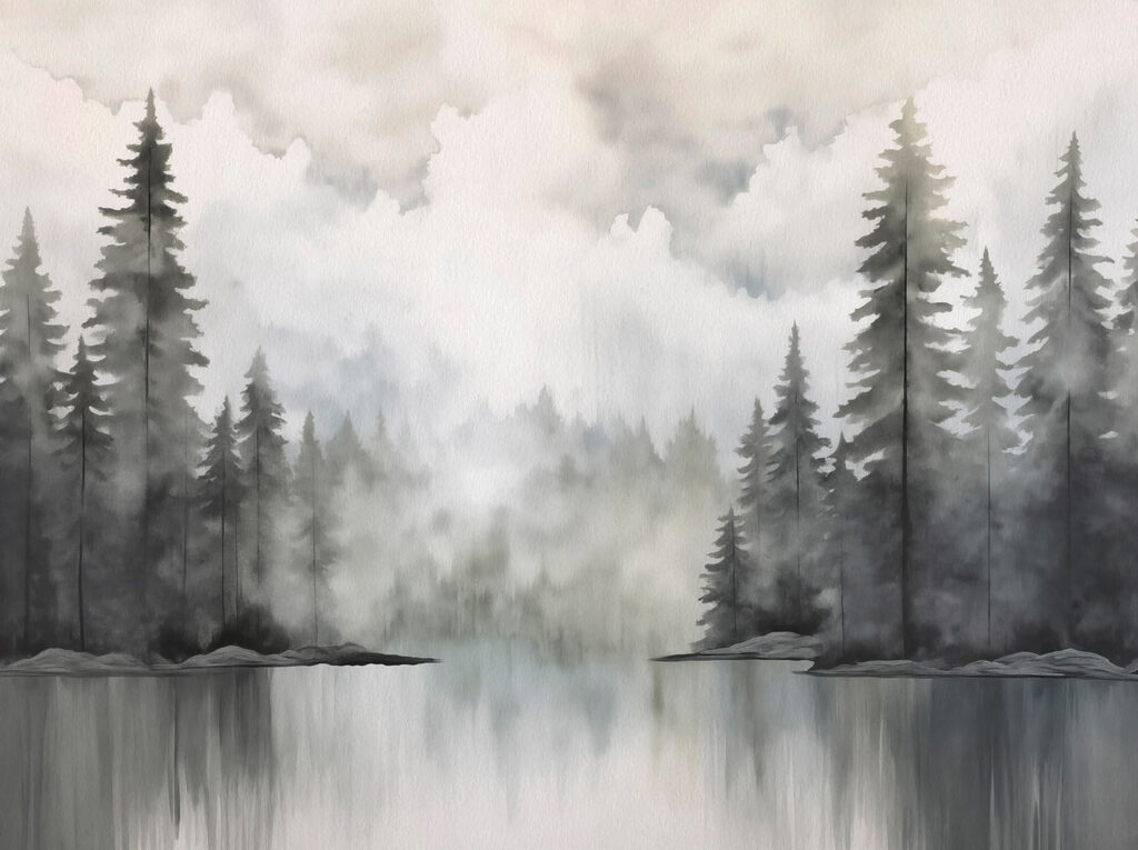Watercolor painting of a forest and a lake Watercolor painting of a forest and a lake