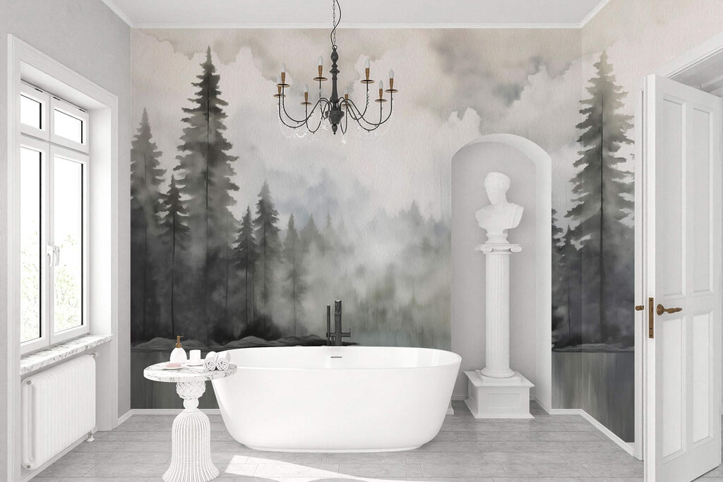 Watercolor painting of a forest and a lake Watercolor painting of a forest and a lake