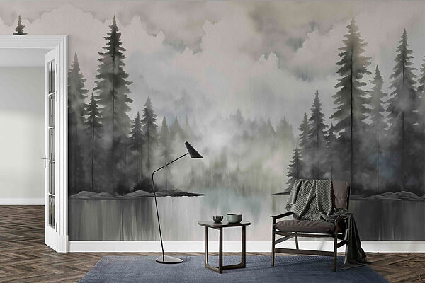 Watercolor painting of a forest and a lake Watercolor painting of a forest and a lake