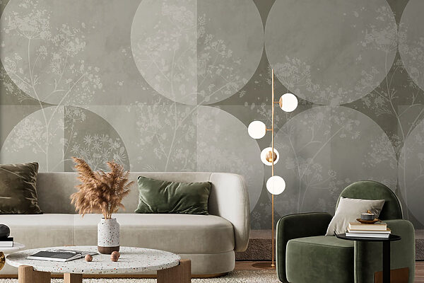 Grey and white background with circles and flowers Grey and white background with circles and flowers