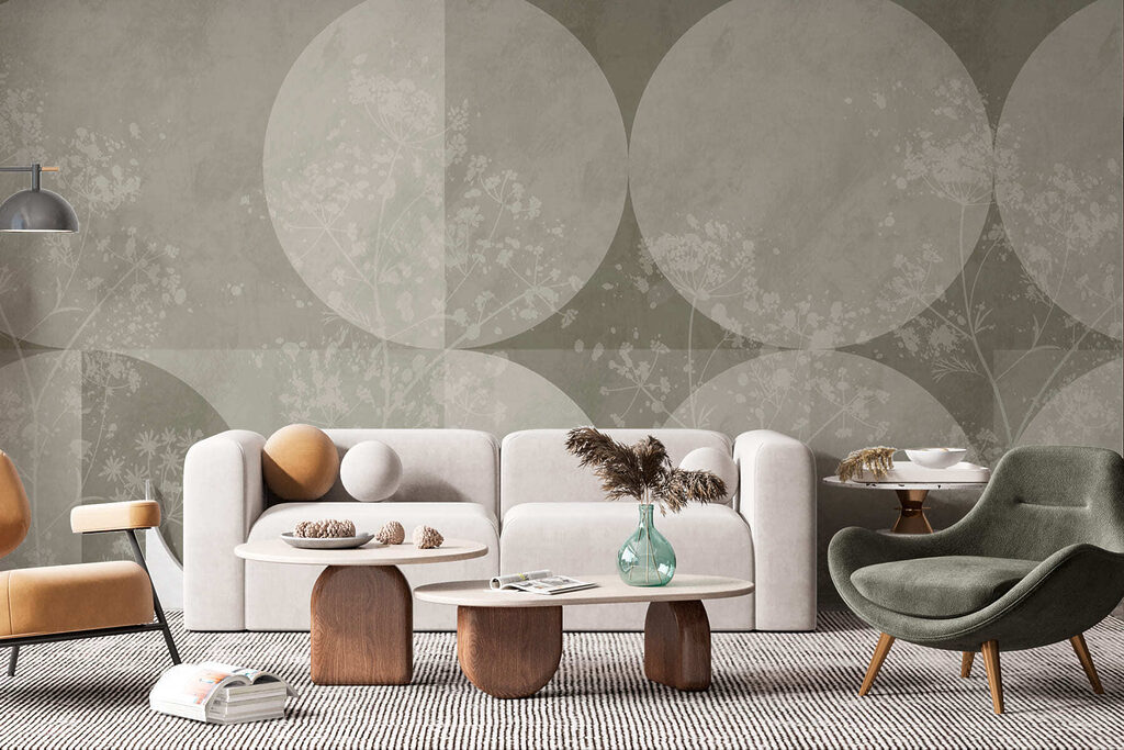 Grey and white background with circles and flowers