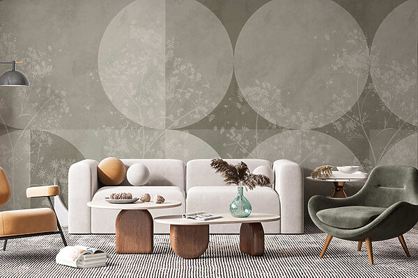 Grey and white background with circles and flowers Grey and white background with circles and flowers