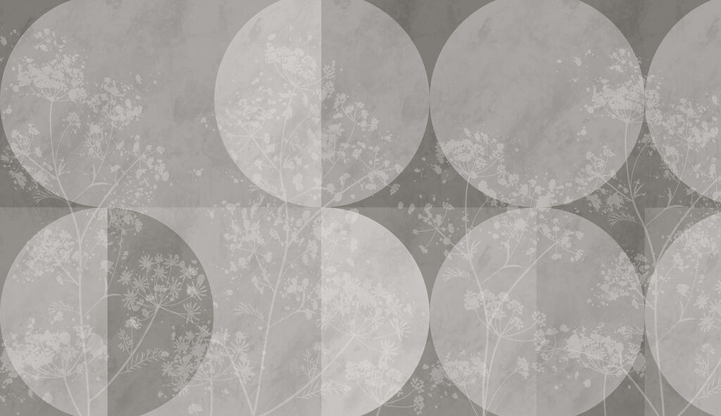 Grey and white background with circles and flowers Grey and white background with circles and flowers