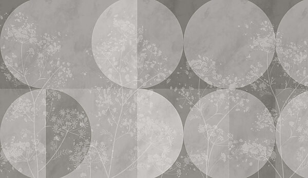 Grey and white background with circles and flowers Grey and white background with circles and flowers