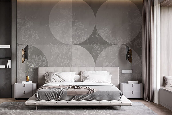 Grey and white background with circles and flowers Grey and white background with circles and flowers