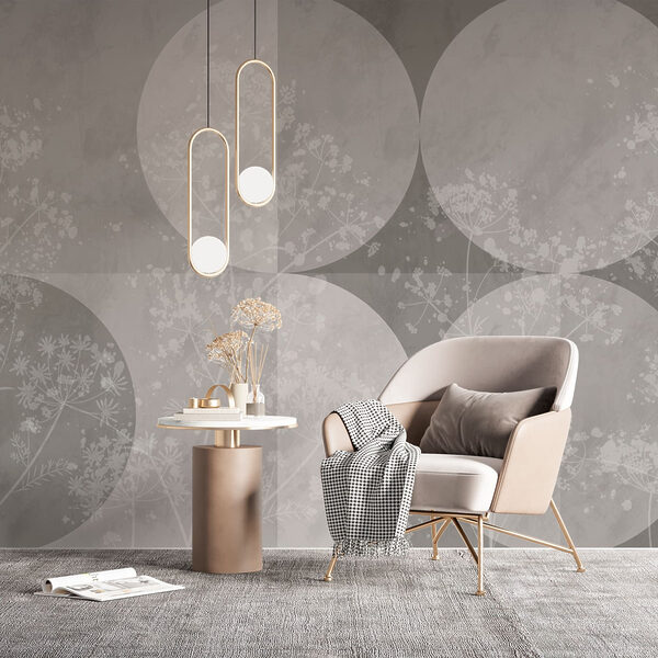 Grey and white background with circles and flowers Grey and white background with circles and flowers