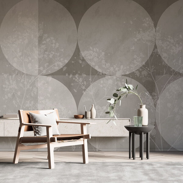 Grey and white wallpaper with white circles and flowers Grey and white wallpaper with white circles and flowers