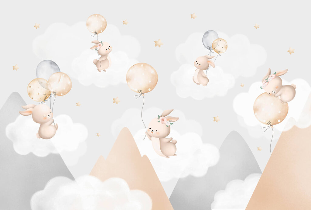 Group of bunnies flying with balloons in the sky Group of bunnies flying with balloons in the sky