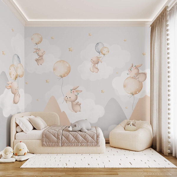 Group of bunnies flying with balloons in the sky Group of bunnies flying with balloons in the sky