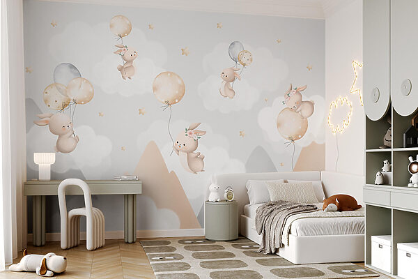 Group of bunnies flying with balloons in the sky Group of bunnies flying with balloons in the sky