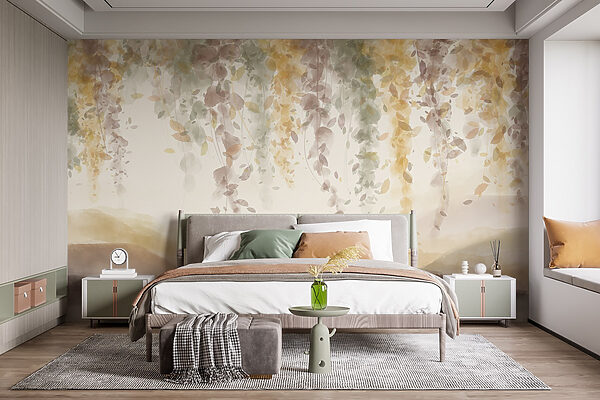 Painting of a landscape with leaves from the ceiling Painting of a landscape with leaves from the ceiling