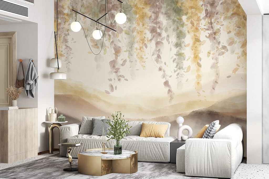 Painting of a landscape with leaves from the ceiling