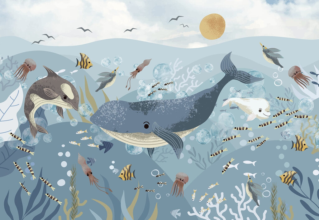 Group of fish and whales swimming in the ocean Group of fish and whales swimming in the ocean