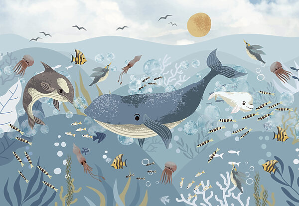 Group of fish and whales swimming in the ocean Group of fish and whales swimming in the ocean