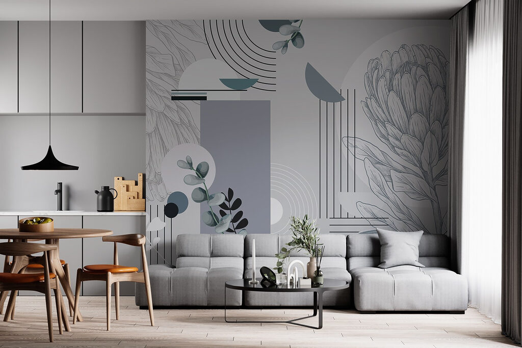 Wallpaper with a flower and leaves