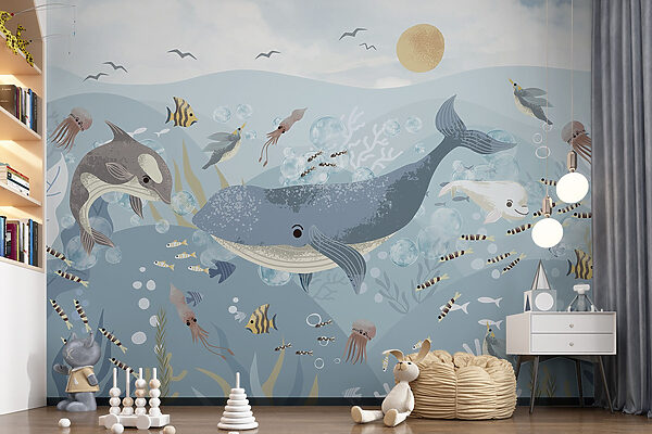 Group of fish and whales swimming in the ocean Group of fish and whales swimming in the ocean