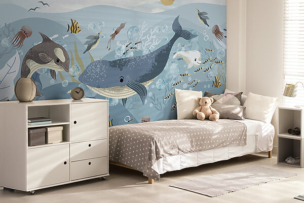 Group of fish and whales swimming in the ocean Group of fish and whales swimming in the ocean