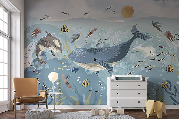 Group of fish and whales swimming in the ocean Group of fish and whales swimming in the ocean