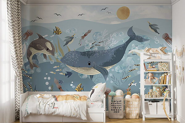 Group of fish and whales swimming in the ocean Group of fish and whales swimming in the ocean