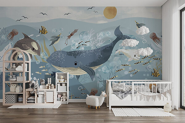 Group of fish and whales swimming in the ocean Group of fish and whales swimming in the ocean