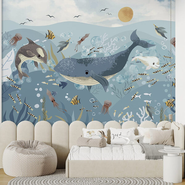 Group of fish and whales swimming in the ocean Group of fish and whales swimming in the ocean