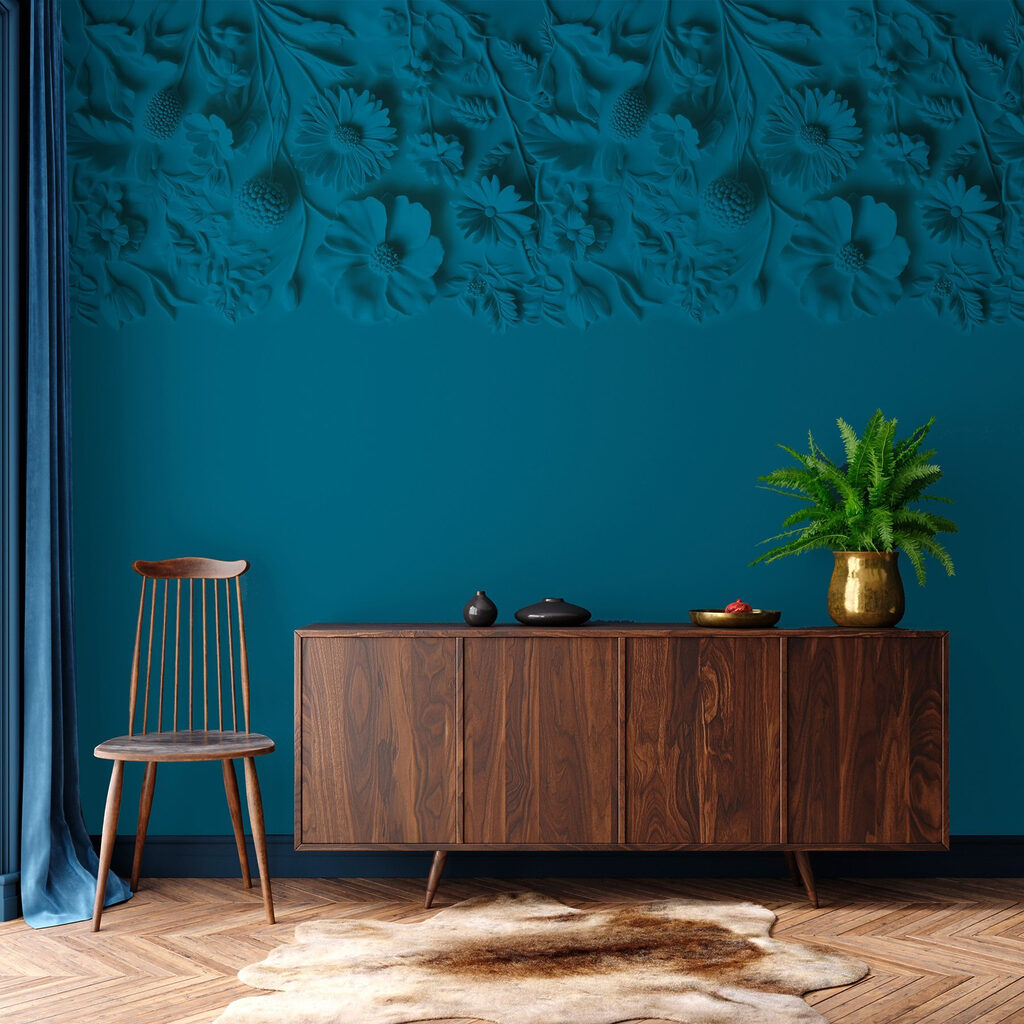 Blue background with flowers and leaves Blue background with flowers and leaves