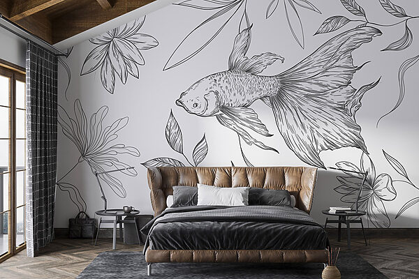 Black and white drawing of a fish and plants Black and white drawing of a fish and plants