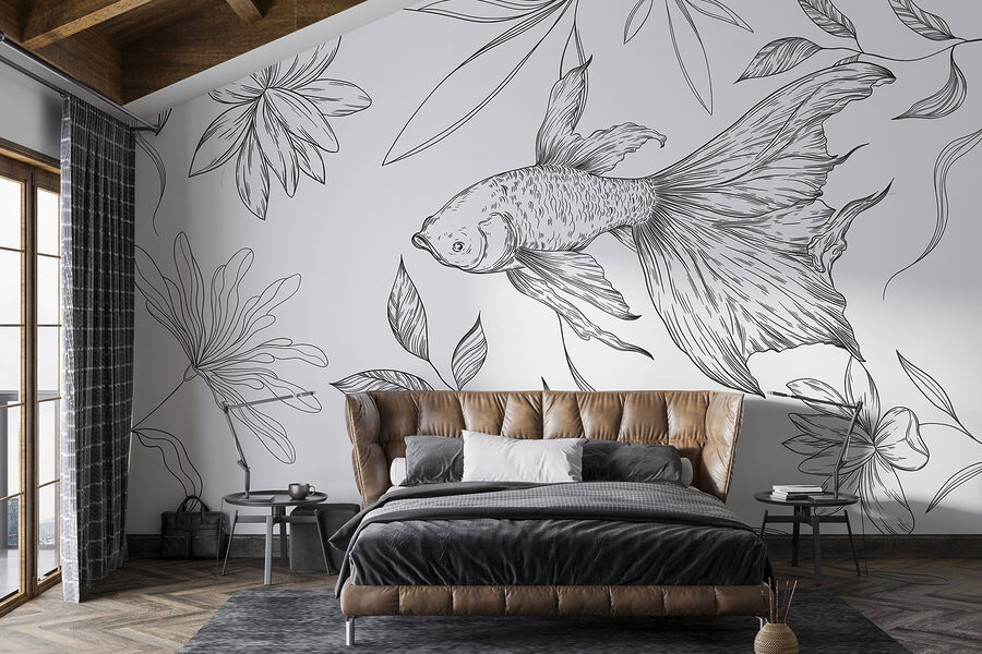 Black and white drawing of a fish and plants