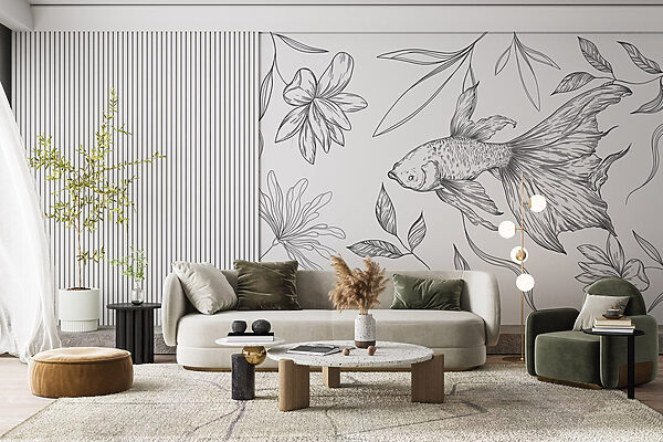 Black and white drawing of a fish and plants Black and white drawing of a fish and plants