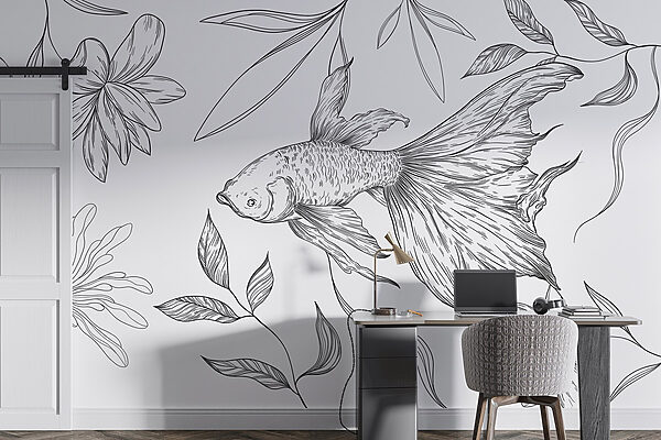 Black and white drawing of a fish and plants Black and white drawing of a fish and plants