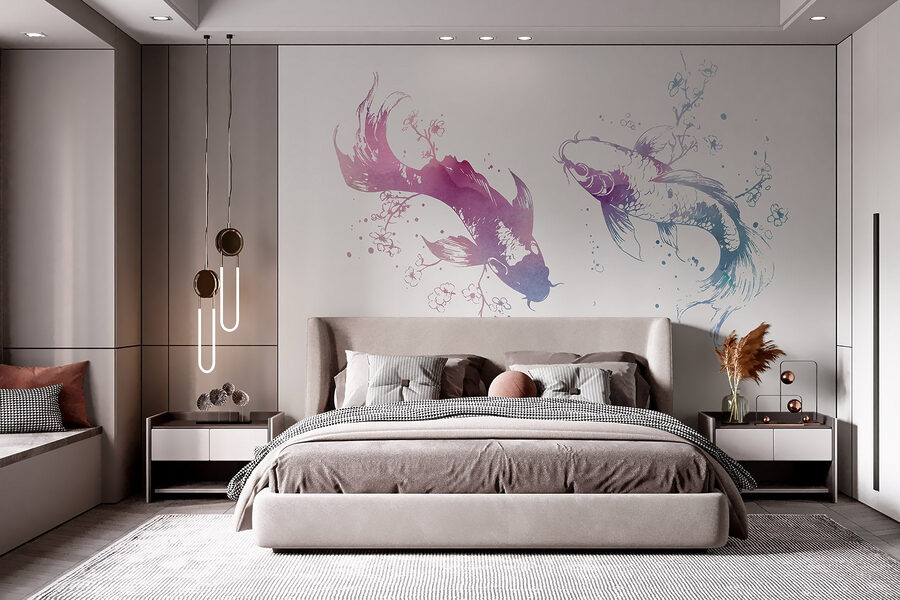 Two fish with watercolor splashes
