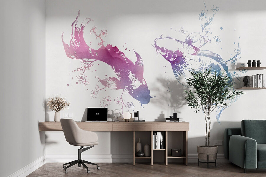 Two fish with watercolor splashes
