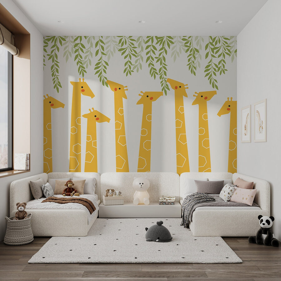 Group of giraffes with leaves