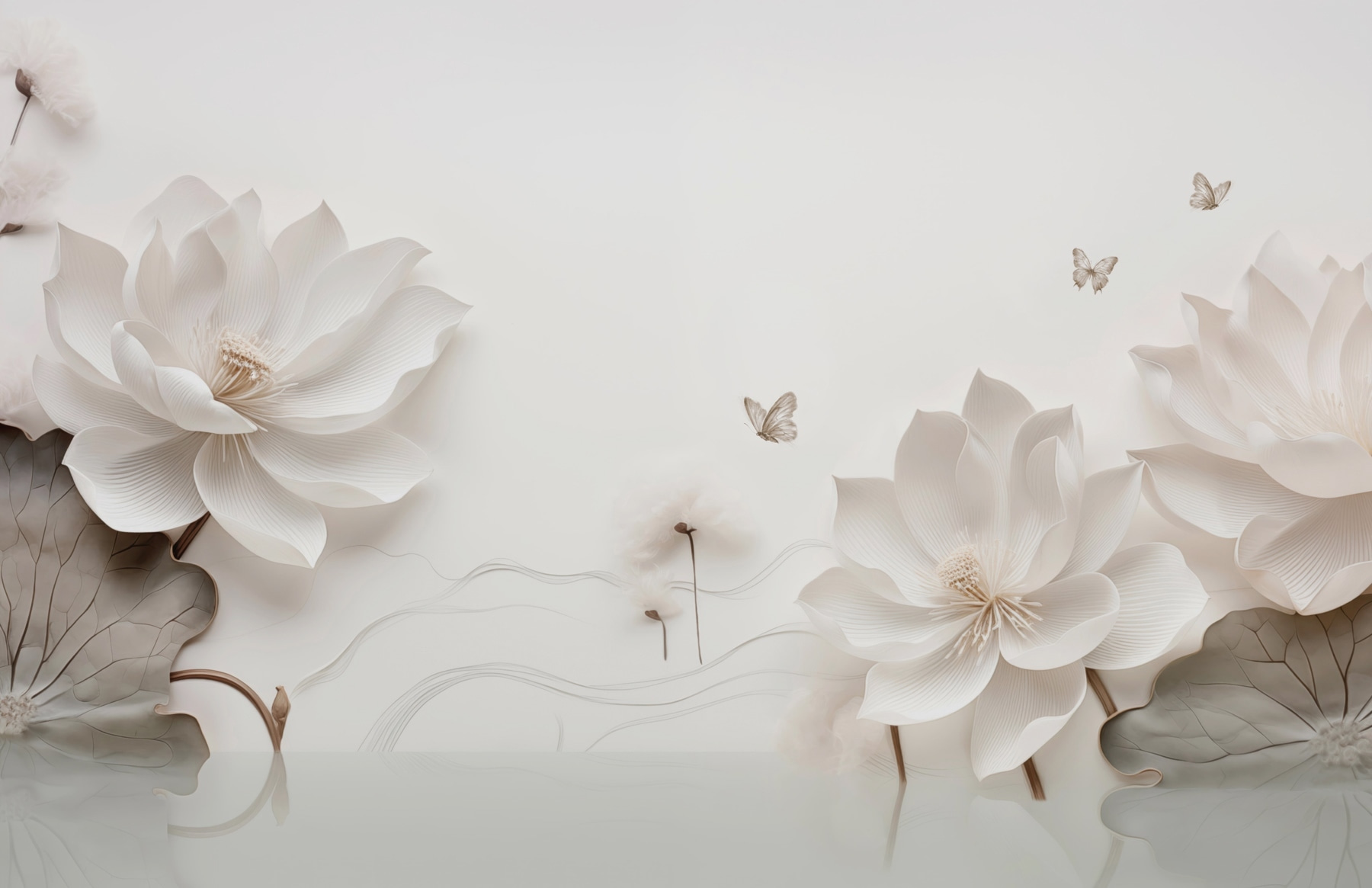 White paper flowers and butterflies on a white surface