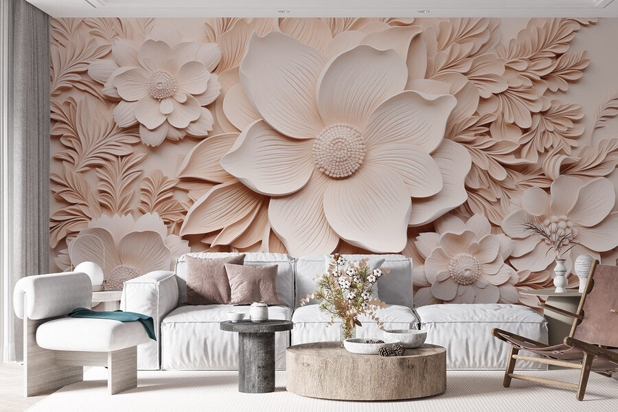 White flowers and leaves on a wall