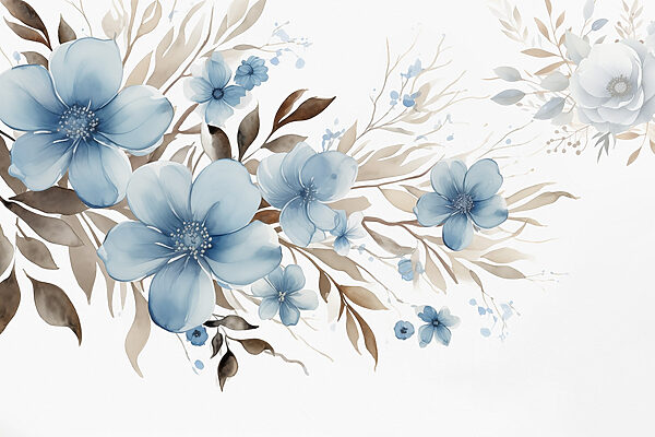 Painting of blue flowers and brown leaves Painting of blue flowers and brown leaves