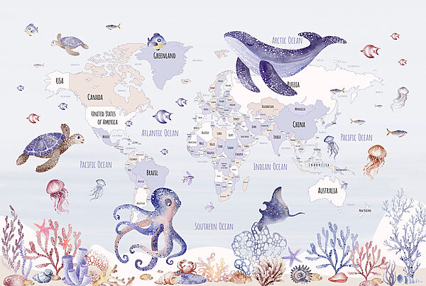 Map of the world with sea animals