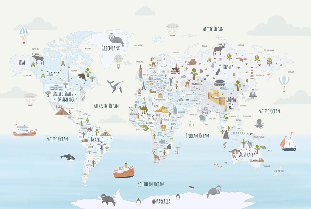 Map of the world with different animals Map of the world with different animals